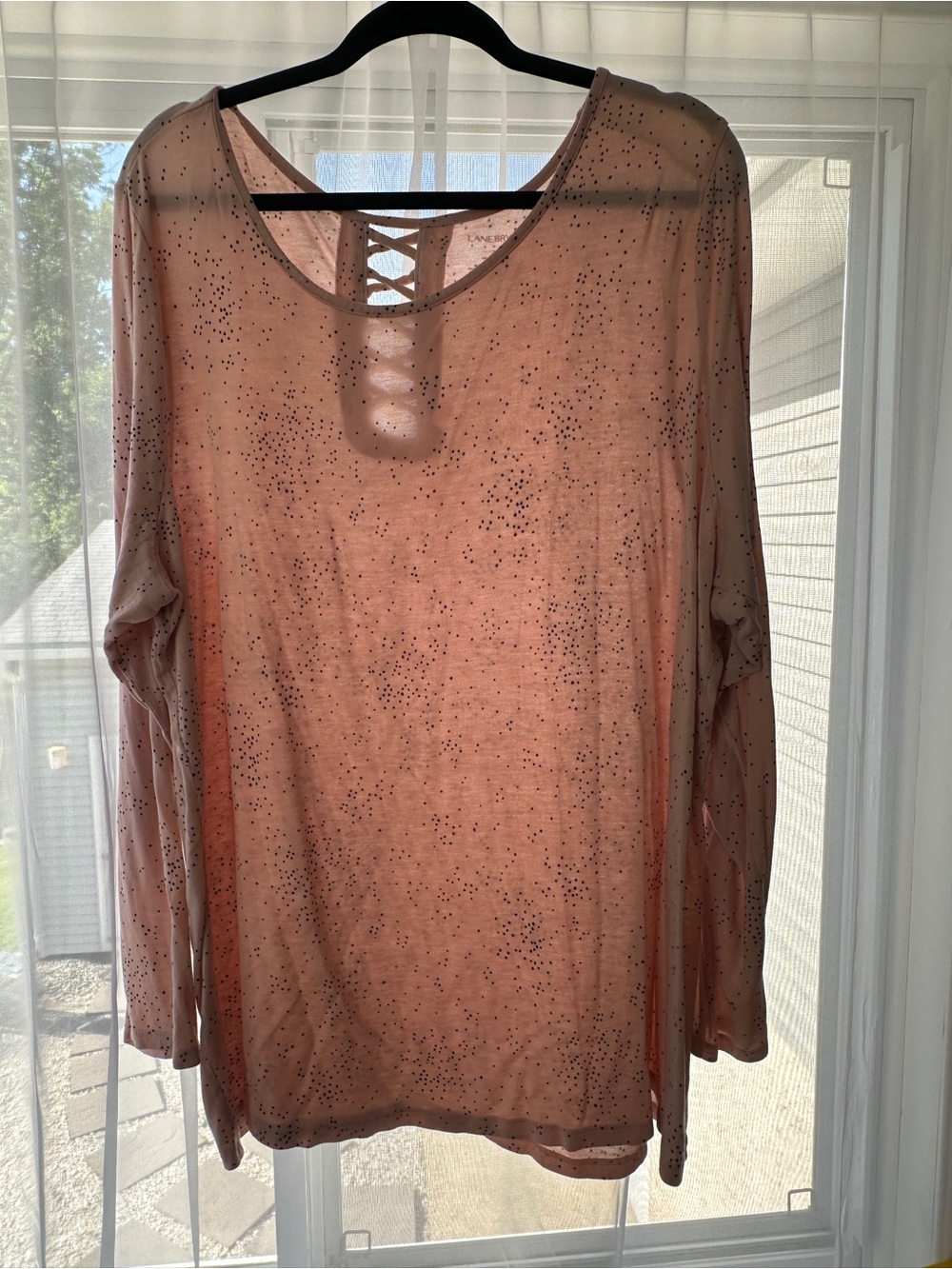 Lane Bryant Long-Sleeve Scoop Neck Top with Lace-Up Back Pink Polka Dot (22/24)